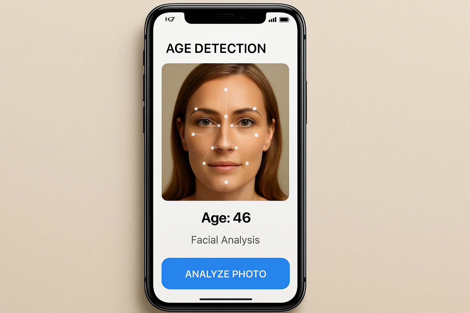 A smartphone displaying an AI face age detection app analyzing a photo and showing the estimated age.