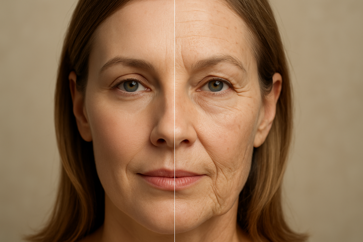 A split-screen image comparing a younger-looking face with smooth skin to an older-looking face with wrinkles and age spots, illustrating the concept of face age.